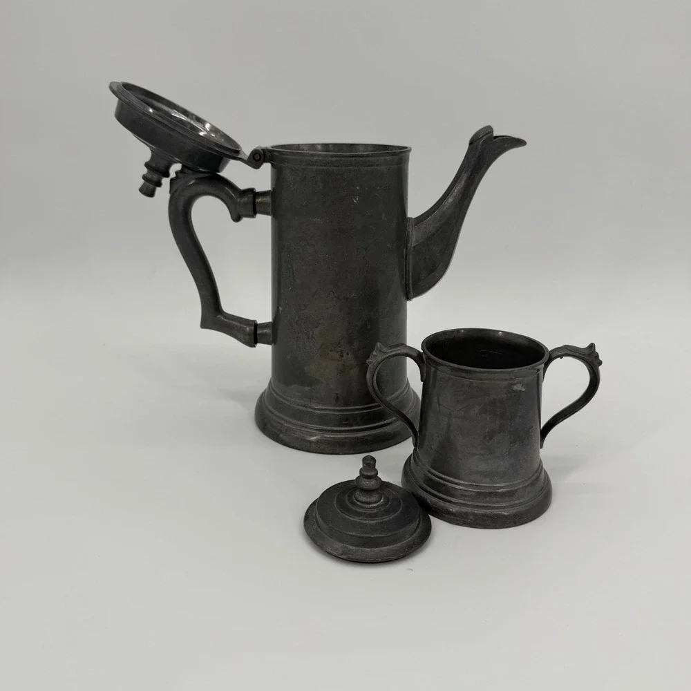 Leonard Duratale Pewter Coffee Pot and Lidded Sugar Bowl Set Vintage Silver Tone